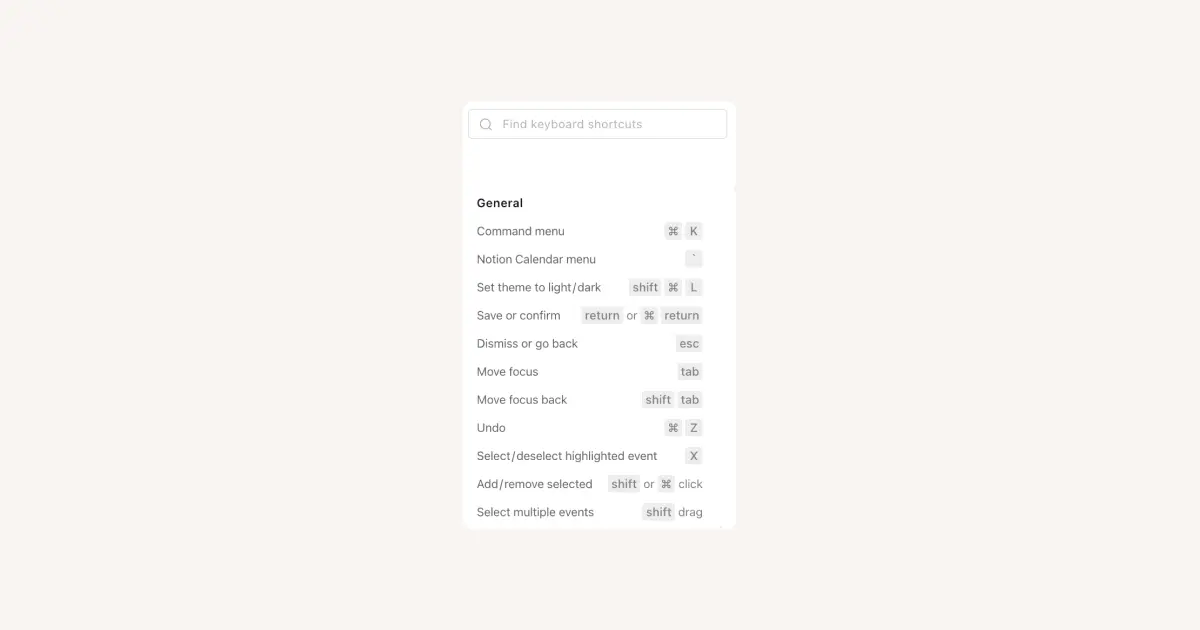 Notion Calendar keyboard shortcuts