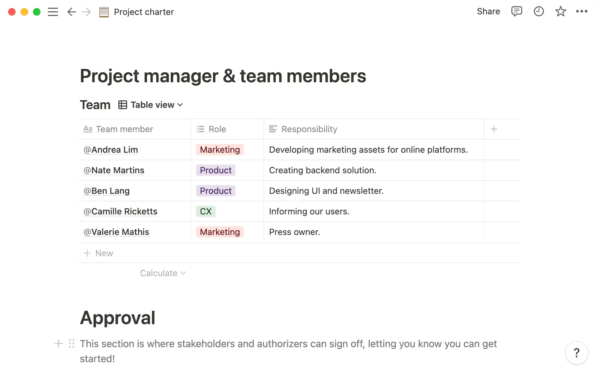 A sample project team within a Notion project charter