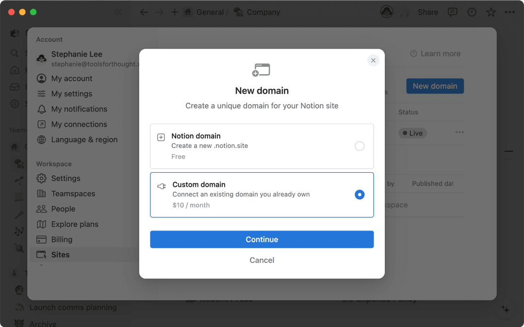 Conectar un dominio personalizado con Notion Sites